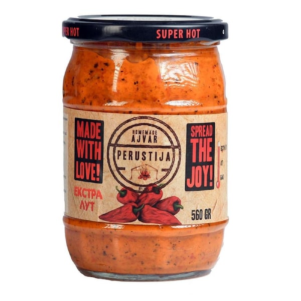 560g Perustija Homemade Ajvar Spread Macedonian Roasted Pepper Relish Dip - Extra Hot