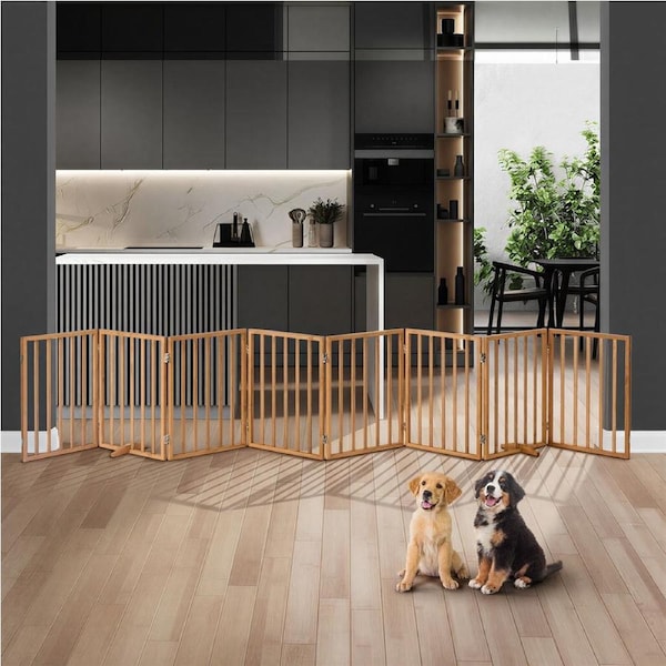 Alopet Wooden Pet Dog Fence 370x61.5x2cm 8 Panels Safety Stair Barrier Security Gate Door Natural