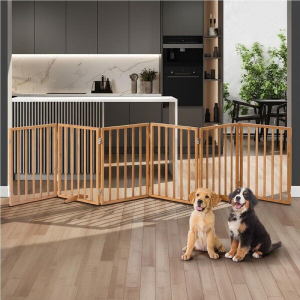 Alopet Wooden Pet Dog Fence 277x61.5x2cm 6 Panels Safety Stair Barrier Security Gate Door Natural