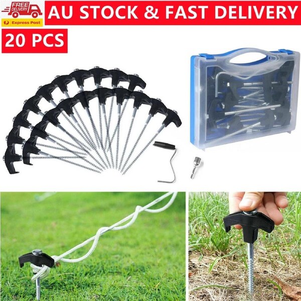 Camping Tent Pegs X20 - Heavy Duty Screw Steel - In Ground Camping Outdoor Stakes - Rust and Corrosion Resistant