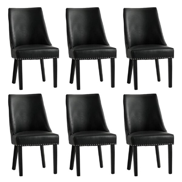 Oikiture 6PCs PU Leather Dining Chair Kitchen Padded Seat Winglet Design Black