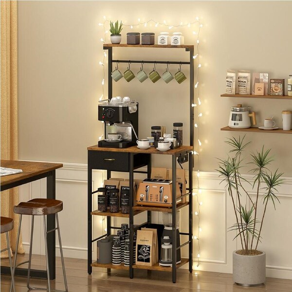 Advwin Kitchen Bakers Rack with Power Outlet 5 Tier Coffee Bar Station with Storage Drawer Corner Kitchen Shelf Rustic Brown