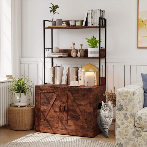 Costway Modern Cat Litter Box Enclosure Hidden Cat Washroom Pet Condo Storage Cabinet w/3-Tier Shelves Side Hole Brown