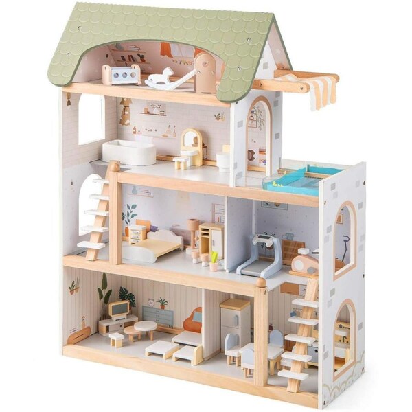 Costway Wooden Doll House Dollhouse Playset DIY Pretend Play Toy w/Furniture Accessories Xmas Gift