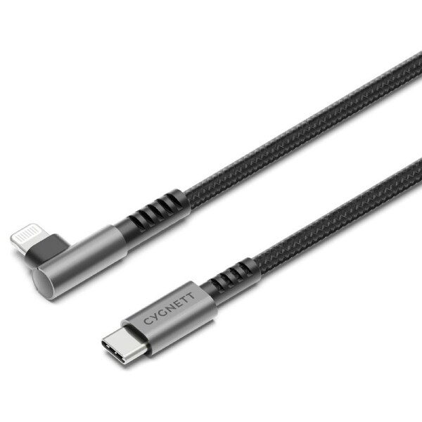 [CY5102PCCCL] Cygnett Unite 1m Right-Angle Lightning to USB C Cable - Black, MFI-Certified