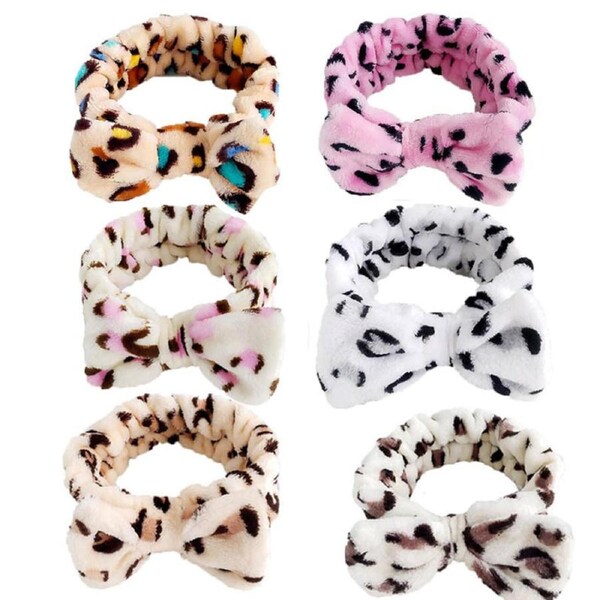 Nevenka 6Pcs Makeup Headbands Fluffy Bow Hair Band for Washing Face Spa-Leopard