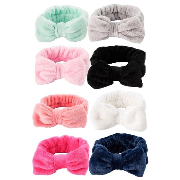 Nevenka 8Pcs Makeup Headbands Fluffy Bow Hair Band for Washing Face Spa-Pure color