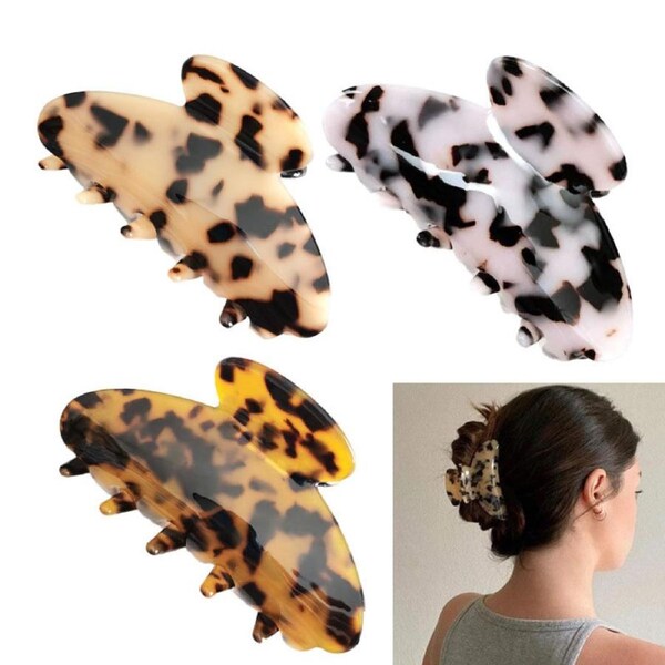 Nevenka 3 PCS Large Plastic Leopard Hair Claw Clips for Women Thick Hair-C
