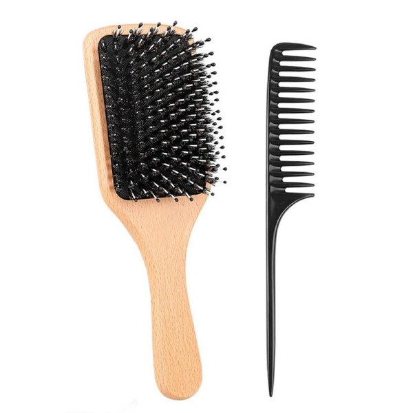 Nevenka 2Pcs Hair Brush Boar Bristle Hairbrush for Thick Curly Thin Long Short Wet or Dry Hair Makes Hair Smooth Paddle Hair Brush for Men Women Kids