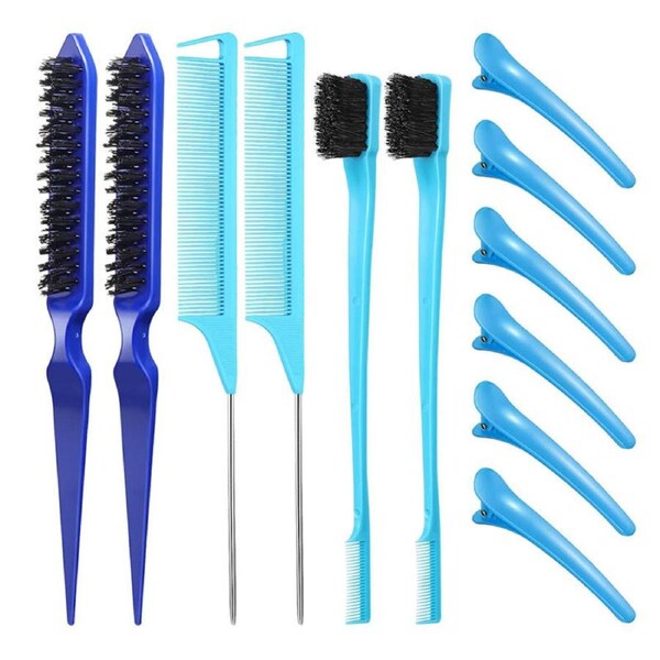 Nevenka 12 Pieces Hair Brush Set Nylon Teasing Hair Brushes Rat Tail Combs with Duckbill Clips for Women-Blue