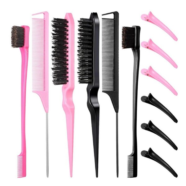 Nevenka 12 Pieces Hair Brush Set Nylon Teasing Hair Brushes Rat Tail Combs with Duckbill Clips for Women-Pink Black