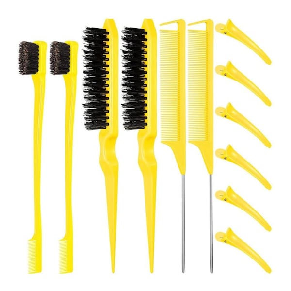Nevenka 12 Pieces Hair Brush Set Nylon Teasing Hair Brushes Rat Tail Combs with Duckbill Clips for Women-Yellow