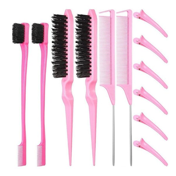 Nevenka 12 Pieces Hair Brush Set Nylon Teasing Hair Brushes Rat Tail Combs with Duckbill Clips for Women-Pink