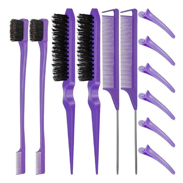Nevenka 12 Pieces Hair Brush Set Nylon Teasing Hair Brushes Rat Tail Combs with Duckbill Clips for Women-Purple