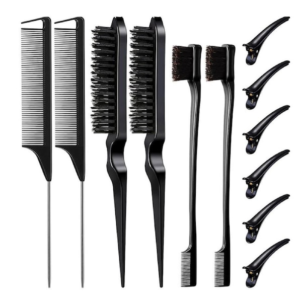 Nevenka 12 Pieces Hair Brush Set Nylon Teasing Hair Brushes Rat Tail Combs with Duckbill Clips for Women-Black