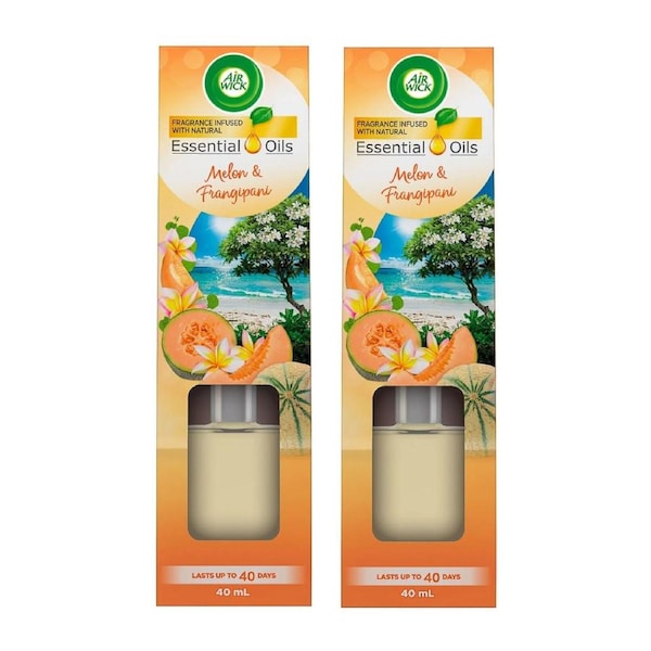 Air Wick Essential Oils Reed Diffuser Melon & Frangipani - 40 ml x 2 Pack (80 ml Total)