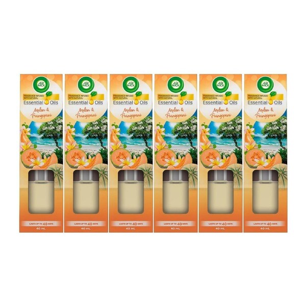 Air Wick Essential Oils Reed Diffuser Melon & Frangipani – 40 ml × 6 Pack (240 ml Total)
