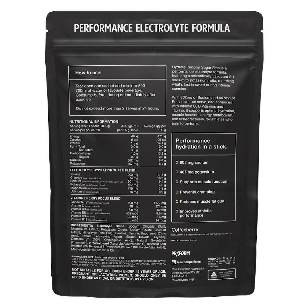 Switch Nutrition Hydrate Perform Sugar Free Lemon Lime 20 x 8.5g Sachets