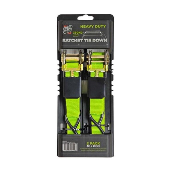 2PK AutoShift Heavy Duty Ratchet Tie Down 250kg Capacity w/Auto-Lock 4m Lime
