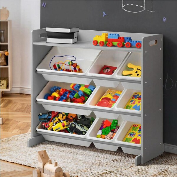 Oikiture 9 Bins Kids Toy Box Bookshelf Storage Organiser Display Shelf Grey