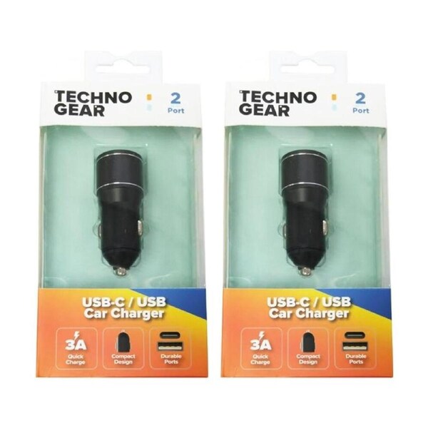 2PK TGear 2 Port Compact USB-A/USB-C Car Charger 3A Quick Charge 12V Socket