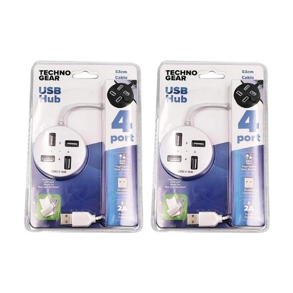 2PK TGear 1-to-4 USB-A 4 Port Charging Hub Computer Accessory 53cm 2A Assorted
