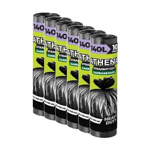 6x 10PK Athena Straight Cut Heavy Duty Garbage Bags Black 140L 100x140cm