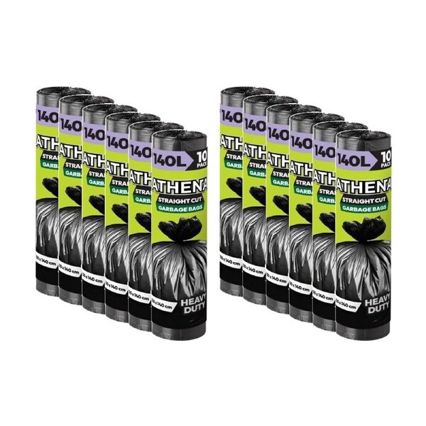 12x 10PK Athena Straight Cut Heavy Duty Garbage Bags Black 140L 100x140cm