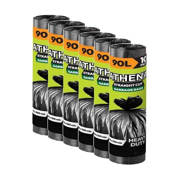 6x 10PK Athena Straight Cut Heavy Duty Garbage Bags Black 90L 80x100cm