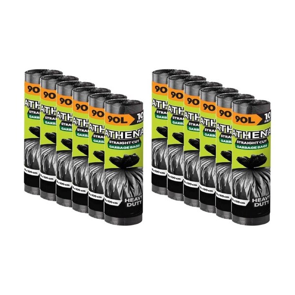 12x 10PK Athena Straight Cut Heavy Duty Garbage Bags Black 90L 80x100cm
