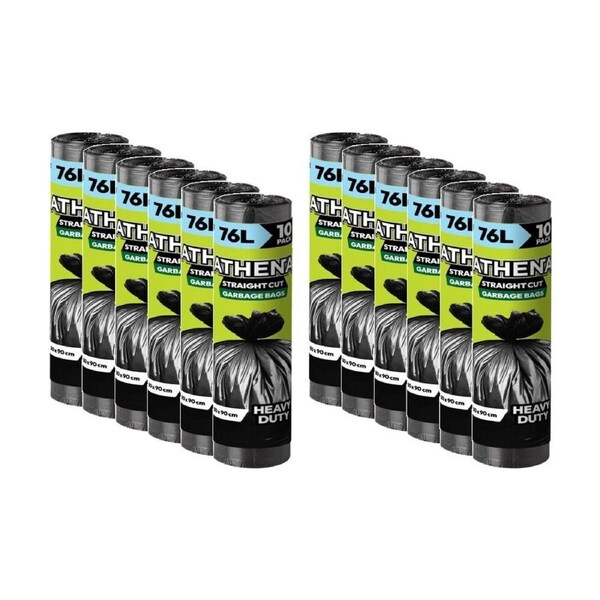 12x 10PK Athena Straight Cut Heavy Duty Garbage Bags Black 76L 80x90cm