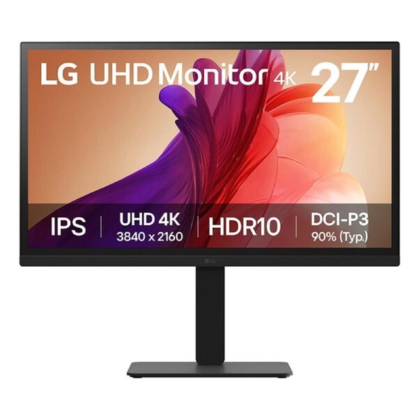 LG 27"(16:9) UHD IPS, HDMI(2), DP, HDR10, 60Hz, H/ADJ, TILT, SPKR, VESA, 3YR