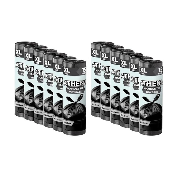 12x 15PK Athena Straight Cut Heavy Duty Garbage Bags Black 56L 80x70cm