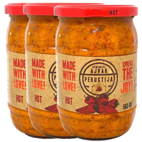 3x 560g Perustija Ajvar Spread Macedonian Roasted Pepper Relish Dip - Hot