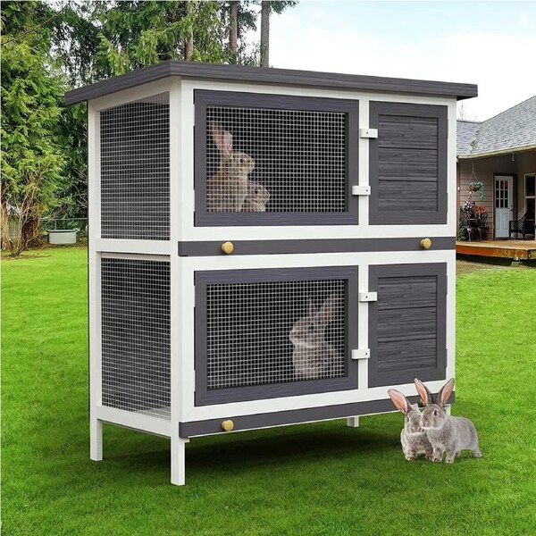 Advwin Rabbit Hutch Chicken Coop 2 Level Wooden Pet Cage Bunny Cage 90x35x90cm Grey