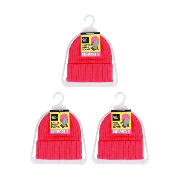 3PK Fixit Tools Ladies Knitted Work Beanie/Hat High Visability One Size Pink