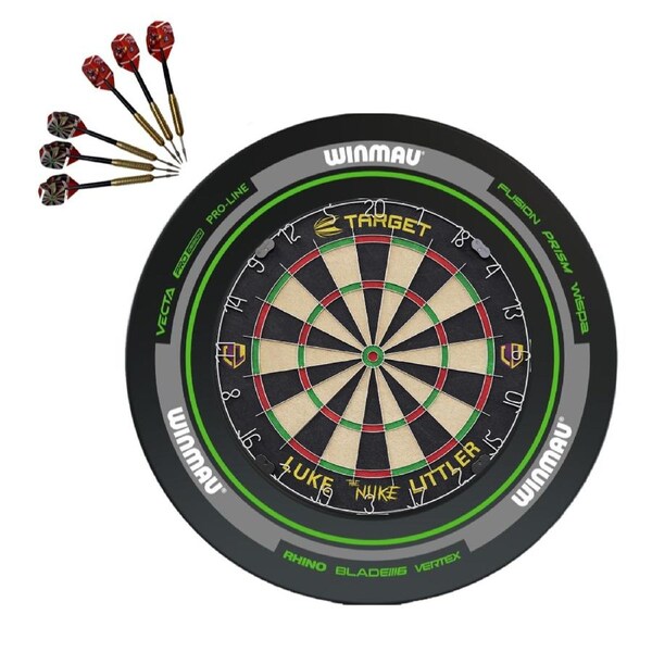Target Darts Luke Littler The Nuke Dartboard + Winmau Advance Black Green Surround + Darts