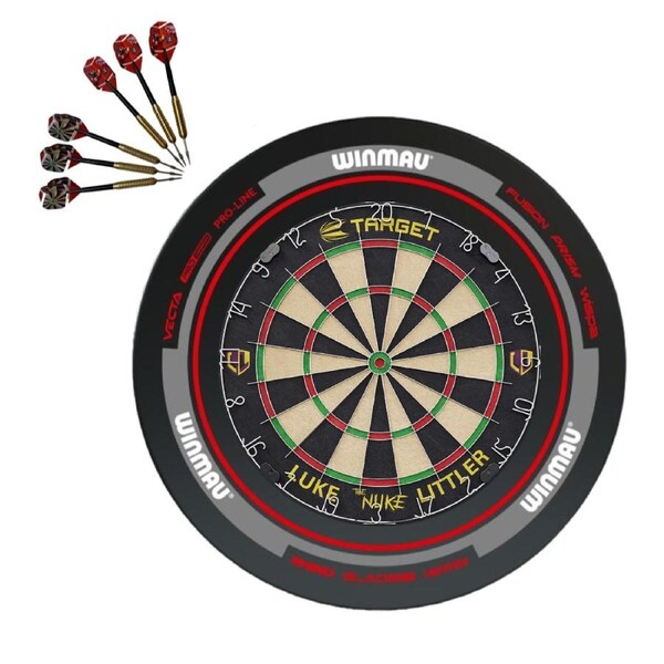 Target Darts Luke Littler The Nuke Dartboard + Winmau Advance Black Red Surround + Darts