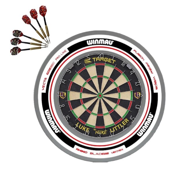 Target Darts Luke Littler The Nuke Dartboard + Winmau Advance White Red Surround + Darts