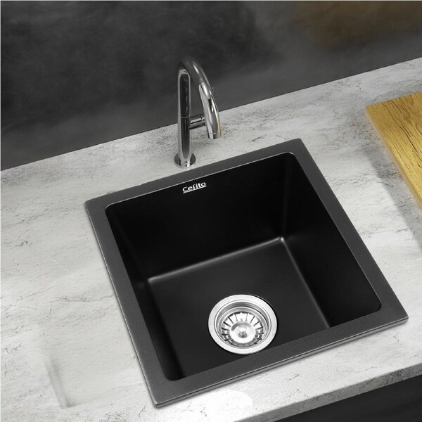 Cefito 38x38cm Kitchen Sink Granite Stone Sink Single Bowl Black Under/Flush/Drop-in Mount