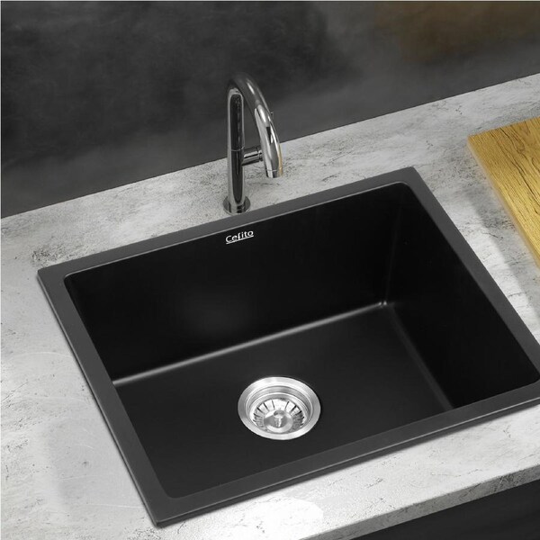 Cefito 55x45cm Kitchen Sink Granite Stone Sink Single Bowl Black Under/Flush/Drop-in Mount