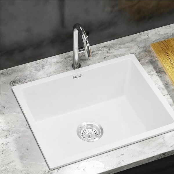 Cefito 55x45cm Kitchen Sink Granite Stone Sink Single Bowl White Under/Flush/Drop-in Mount
