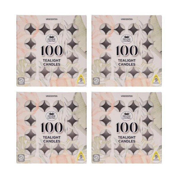 4x 100pc Divine Living Unscented Tealights Candles 9 Hours Burn Time 18.8x18.8cm