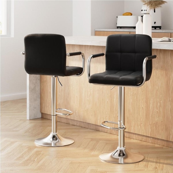2x Artiss Bar Stools Leather Gas Lift w/Armrest Black