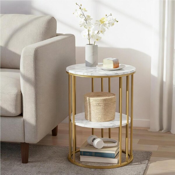 2-Tier Artiss Coffee Table Round Marble Effect White&Gold