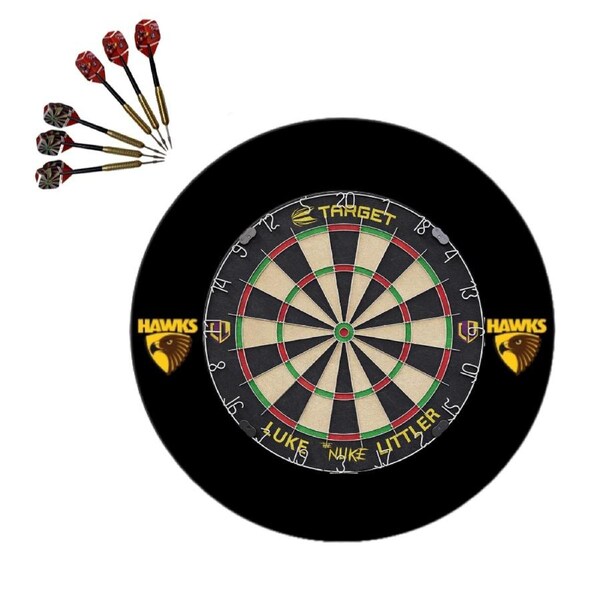 Target Darts Luke Littler Dartboard + AFL Hawthorn Hawks Surround + Darts