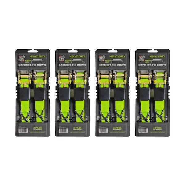 4x 2PK AutoShift Heavy Duty Ratchet Tie Down 250kg Capacity w/Auto-Lock 4m Lime