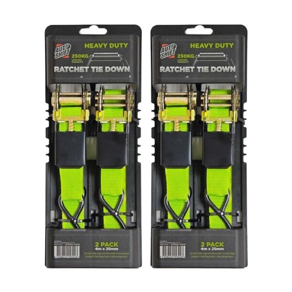 2x 2PK AutoShift Heavy Duty Ratchet Tie Down 250kg Capacity w/Auto-Lock 4m Lime
