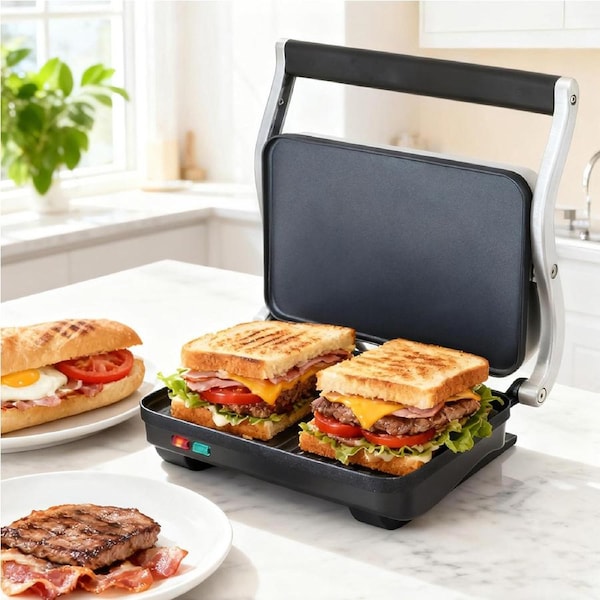 Devanti 3 in 1 Sandwich Maker Steak Press Grill 1000W Non-Stick Stainless Steel