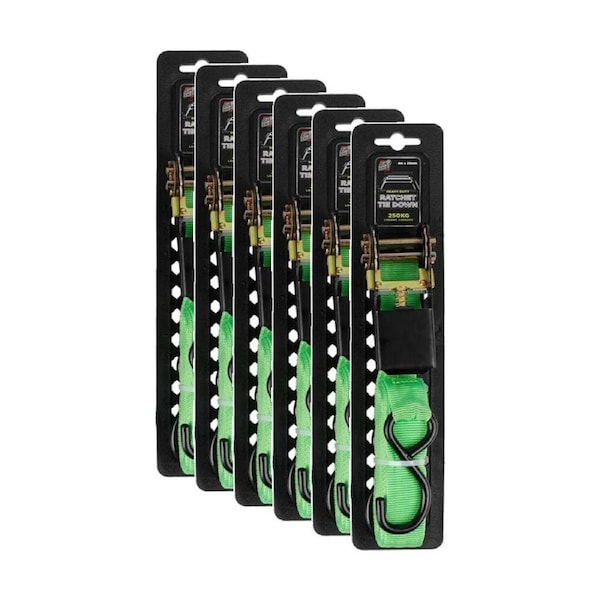 6PK AutoShift Heavy Duty Ratchet Tie Down 250kg Capacity w/Auto-Lock 4m Green